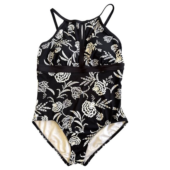 Lands' End One Piece Maillot Black White Floral‎ Size 14 Shelf Bra Adj Straps - Picture 1 of 11